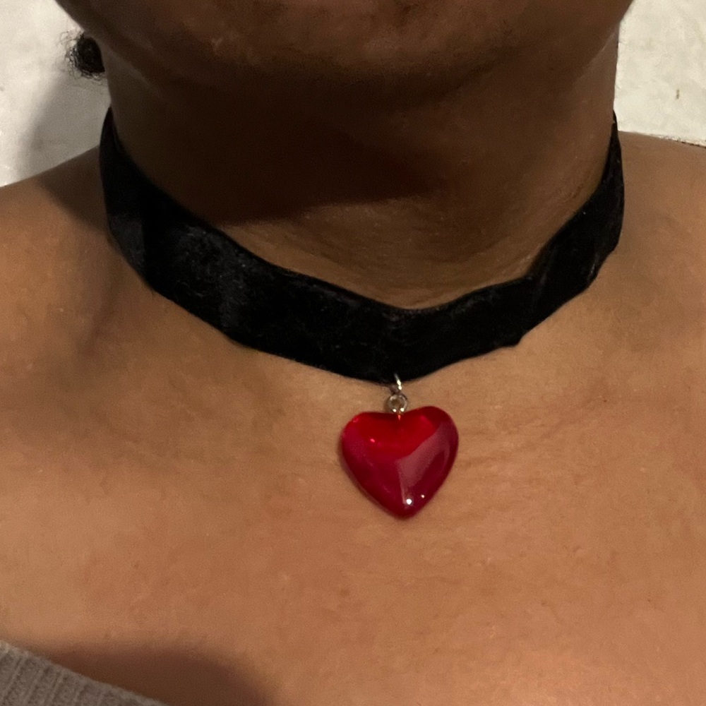 Upcycled Black Velvet Choker with Red Heart Pendant